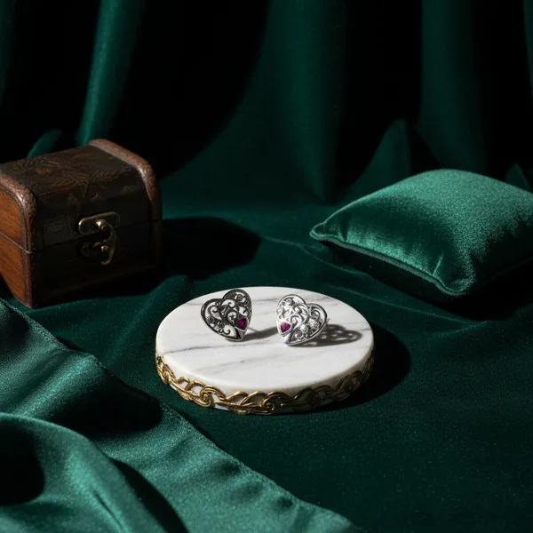 Filigree_Heart_Silver_Earrings_With_Ruby